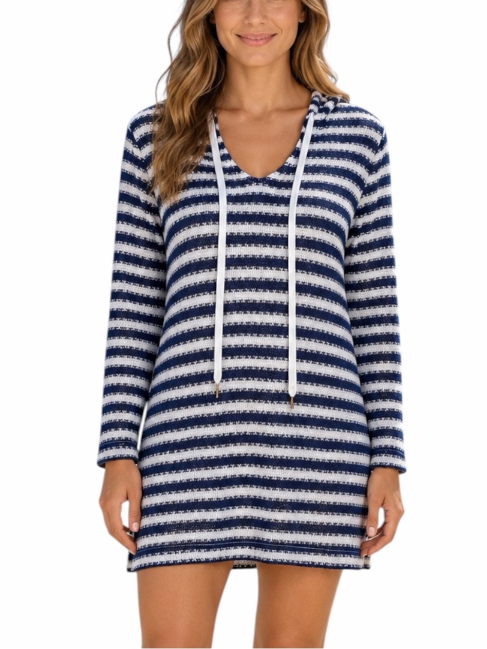 La Blanca Hooded Tunic Size M Navy White Stripe Knit Swim Cover Up Beach Resort